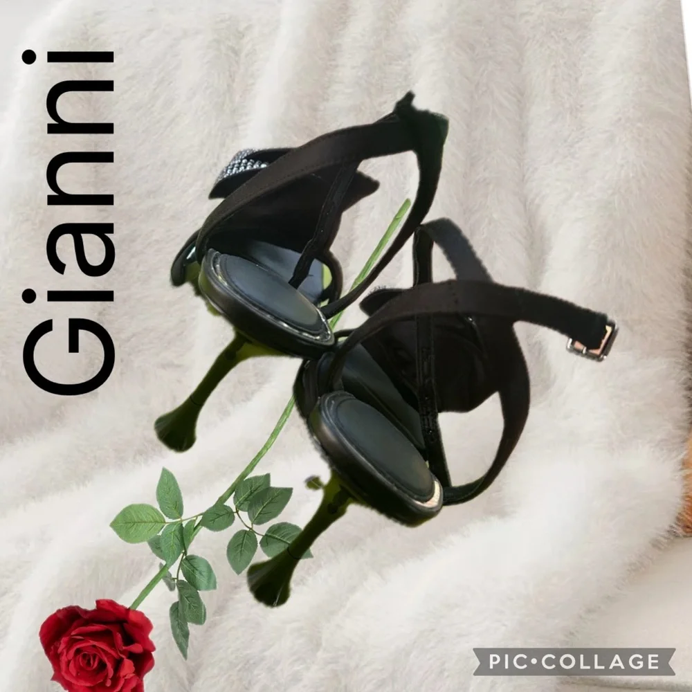 🌹 Gianni Bini Black Strappy Rose Embellished 3” Heels Square Toe Shoes Size 7.5